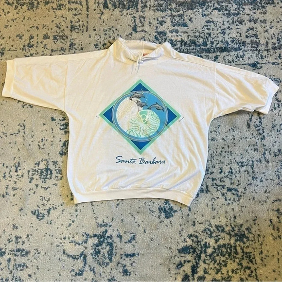 Vintage 1988 Santa Barbara Beach Short Sleeve Top nautilus dolphin print small - Picture 1 of 7